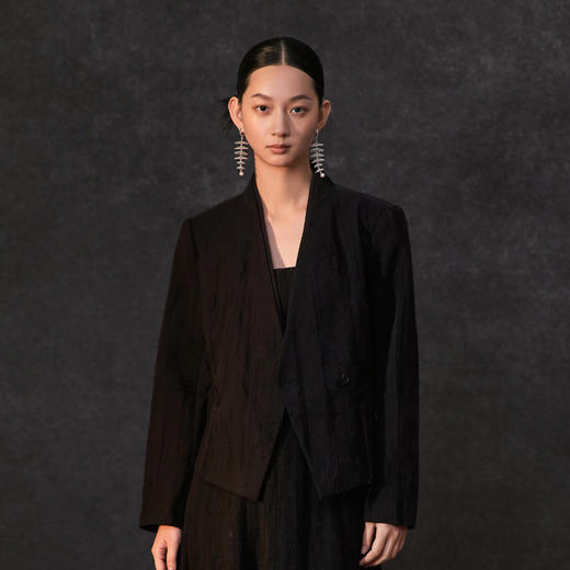 Famecoco范可儿春季棉麻文艺长无领一粒扣西装外套气质优雅新中式西装FAC1AW004 商品图4