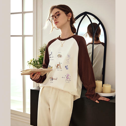 OLrain欧芮儿美式复古T恤女早春2024年新款宽松打底撞色插肩长袖 商品图1