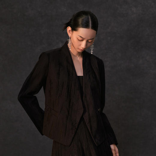 Famecoco范可儿春季棉麻文艺长无领一粒扣西装外套气质优雅新中式西装FAC1AW004 商品图0