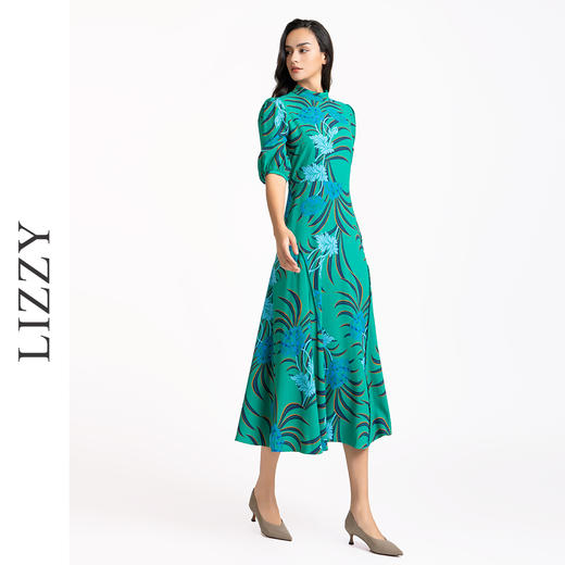 LIZZY 优雅圆领中袖高腰设计大摆印花连衣裙长裙7903 商品图2