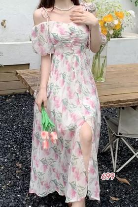 【门店同款】ENJOY夏季珍珠扣露肩印花长裙 152893750