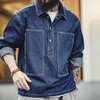 马登工装美式复古半开襟牛仔衬衫丹宁翻领套头辑明线口袋外套男秋 商品缩略图4