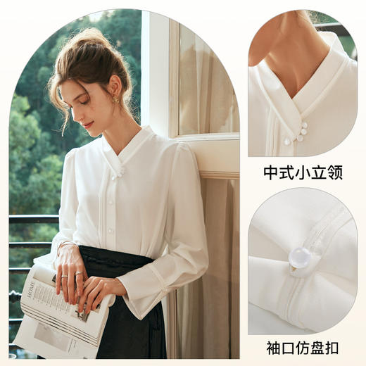 OLrain欧芮儿米白色雪纺衫女早春2024年新款设计感新中式压褶衬衫 商品图2