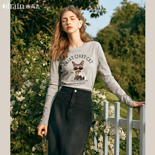 OLrain欧芮儿美式复古长袖T恤女早春2024年新款复古显瘦套头衫 商品图0