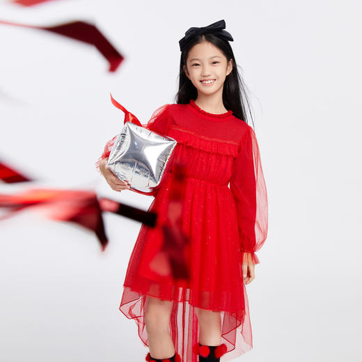 【新年红】女童甜美洋气时尚宽松网纱长袖连衣裙安奈儿童装EG344173 商品图4