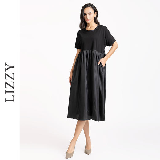 LIZZY 简约优雅时尚收腰气质黑色短袖休闲通勤连衣裙7918 商品图1