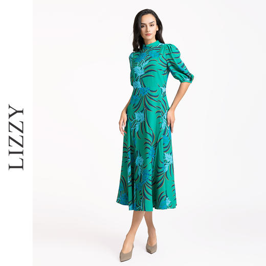 LIZZY 优雅圆领中袖高腰设计大摆印花连衣裙长裙7903 商品图1