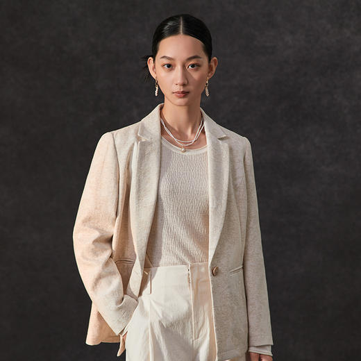 Famecoco范可儿春季棉麻文艺一粒扣西装外套平驳领气质优雅西装FAC1AW003 商品图0