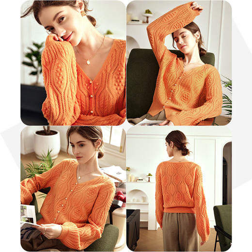 OLrain欧芮儿桔色开衫毛衣女早春2024年新款复古宽松V领针织外套 商品图1