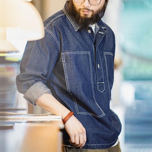 马登工装美式复古半开襟牛仔衬衫丹宁翻领套头辑明线口袋外套男秋 商品图0