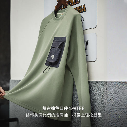 马登工装 山系撞色口袋长袖T恤拼接机能风宽松圆领针织打底衫男秋 商品图2