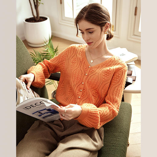OLrain欧芮儿桔色开衫毛衣女早春2024年新款复古宽松V领针织外套 商品图3