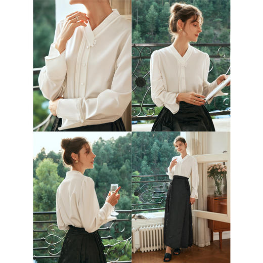 OLrain欧芮儿米白色雪纺衫女早春2024年新款设计感新中式压褶衬衫 商品图1