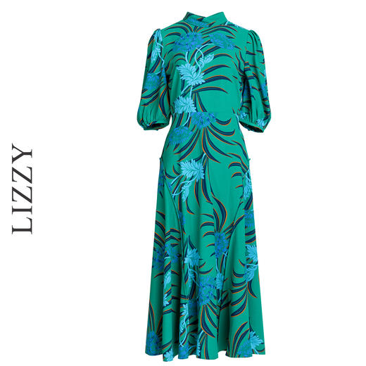 LIZZY 优雅圆领中袖高腰设计大摆印花连衣裙长裙7903 商品图4