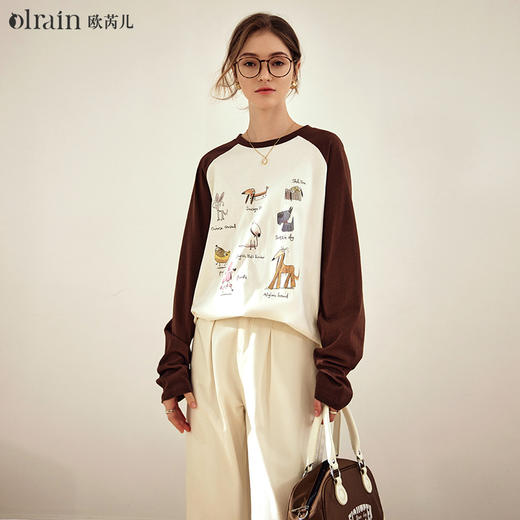 OLrain欧芮儿美式复古T恤女早春2024年新款宽松打底撞色插肩长袖 商品图0
