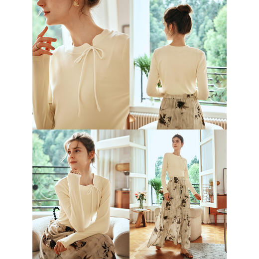 OLrain欧芮儿正肩长袖T恤女早春2024年新款别致圆领新中式上衣 商品图2