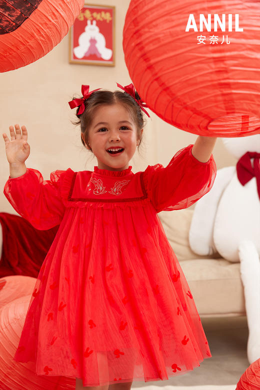 【实体店同款】【新年红】女童连衣裙秋季新款宝宝长袖纱裙安奈儿童装XG313501 商品图1