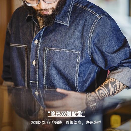 马登工装美式复古半开襟牛仔衬衫丹宁翻领套头辑明线口袋外套男秋 商品图2