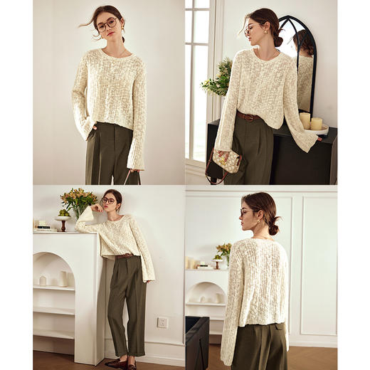 OLrain欧芮儿杏色镂空针织衫女早春2024年新款宽松圆领套头毛衣 商品图2