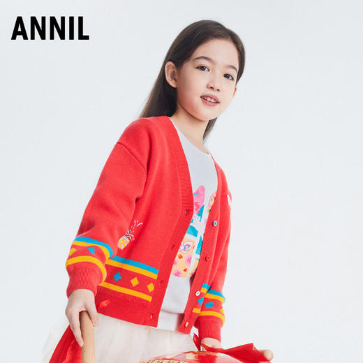【新年红】女童毛衣儿童打底衫秋新款女孩红色拜年针织衫开衫安奈儿童装EG314146 商品图1