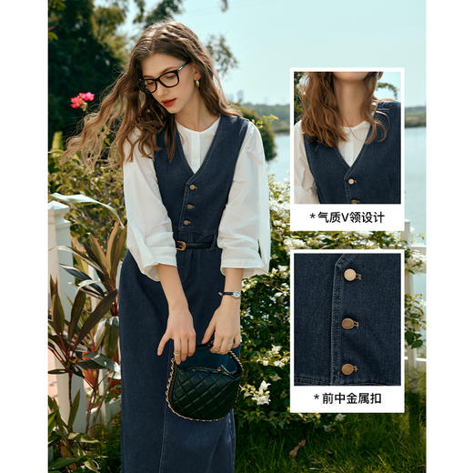 OLrain欧芮儿牛仔连衣裙女早春2024年新款复古显瘦V领高腰背心裙 商品图3