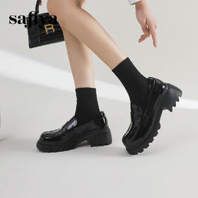 Safiya/索菲娅2024春季新品复古圆头增高粗跟英伦风厚底JK乐福鞋 SF41112044