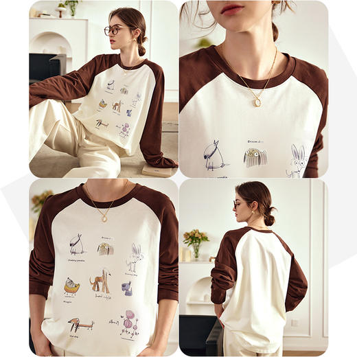 OLrain欧芮儿美式复古T恤女早春2024年新款宽松打底撞色插肩长袖 商品图2