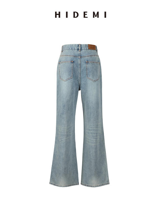 HIDEMI蓝色柔软做旧感多重水洗喇叭形宽松阔腿牛仔裤 商品图4