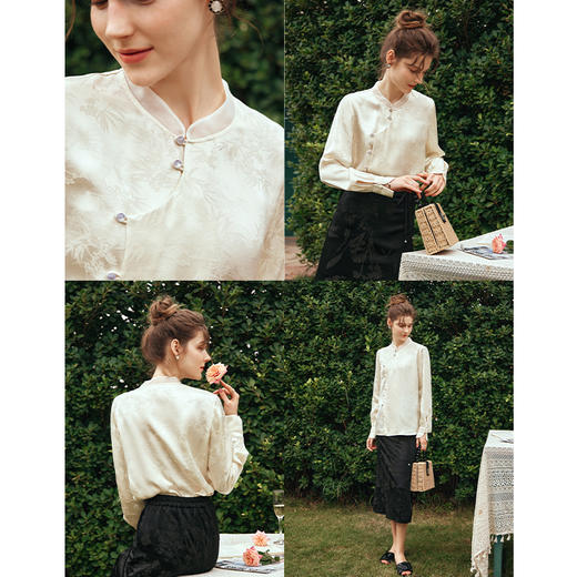 OLrain欧芮儿杏色雪纺衫女早春2024年新款新中式长袖轻国风衬衫 商品图2