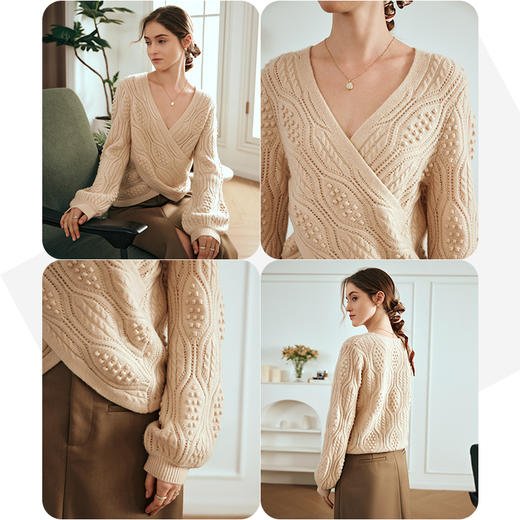 OLrain欧芮儿浅咖色v领毛衣女早春2024新款设计感复古针织套头衫 商品图2