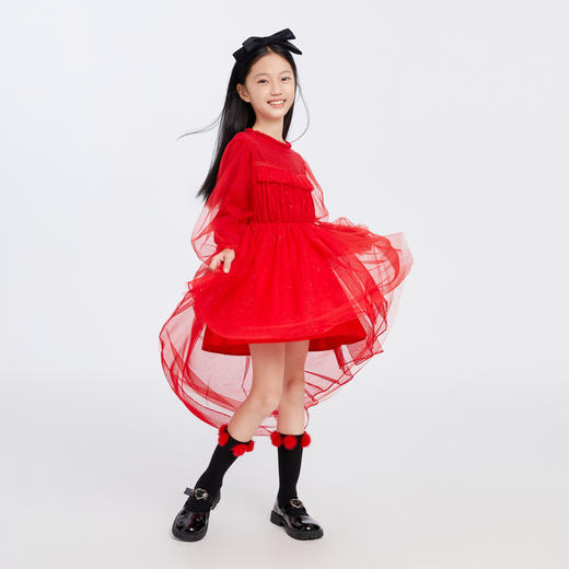 【新年红】女童甜美洋气时尚宽松网纱长袖连衣裙安奈儿童装EG344173 商品图2