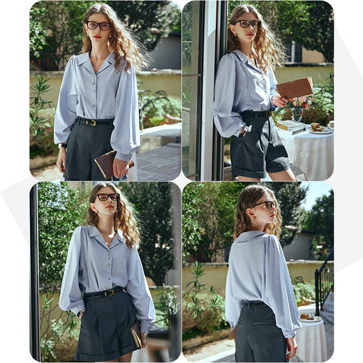 OLrain欧芮儿蓝色长袖衬衫女早春2024年新款通勤简约设计感衬衣 商品图2