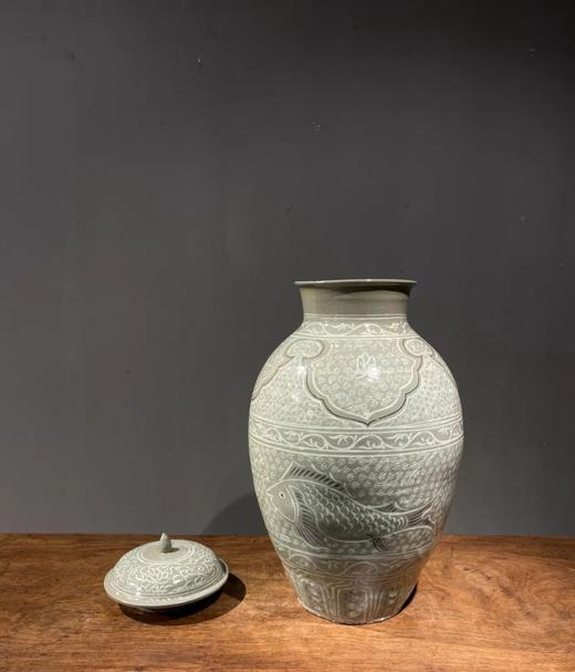 象嵌青瓷莲瓷游鱼纹大盖罐，顺丰包邮 商品图1