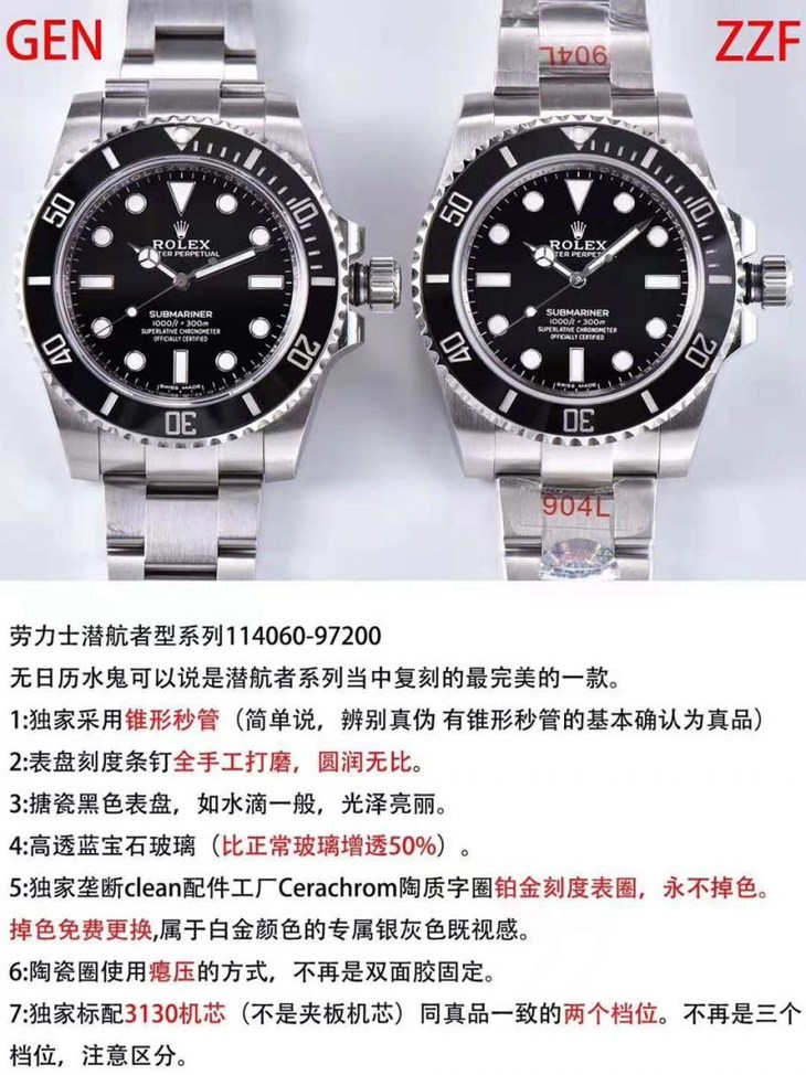 ZZF厂劳力士潜航者型系列114060-97200 无日历黑水鬼真假评测