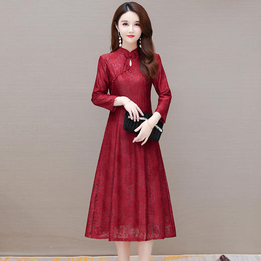 QYMOMS-CB157-L过膝长款蕾丝修身时尚复古旗袍裙2023春款立领长袖优雅气质连衣裙 商品图1