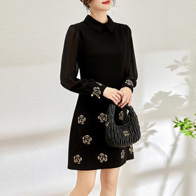 优雅气质，新款重工花朵刺绣名媛收腰遮肉气质连衣裙WLZD-2401709