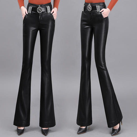 TZF-喇叭皮裤女新款高腰时尚修身黑色PU喇叭裤加厚微喇长裤女 商品图1