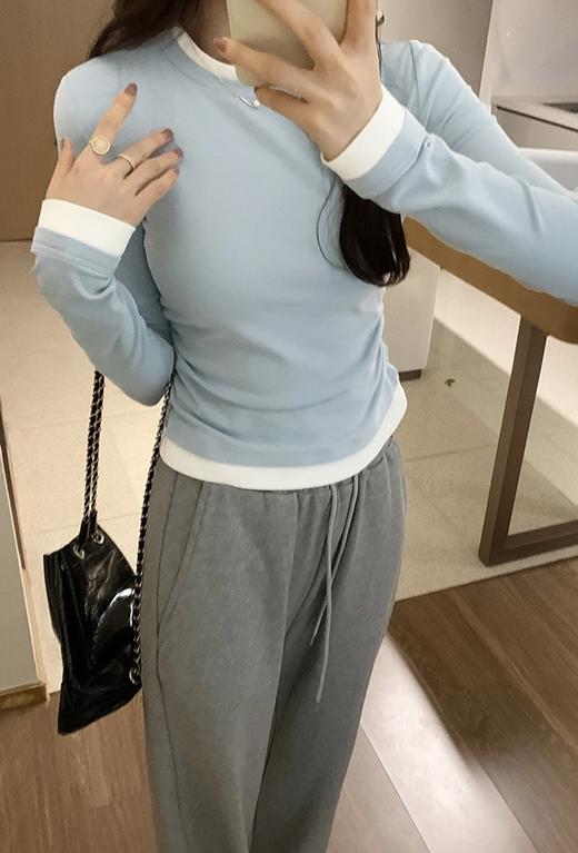  圆领假两件撞色长袖T恤 商品图1