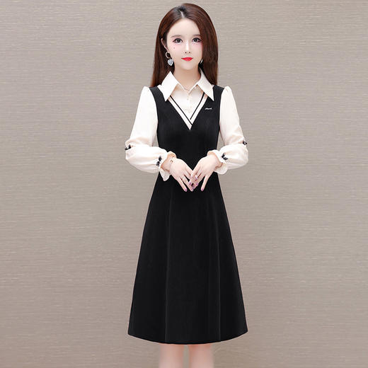 QYMXQD-53B77-L假两件中长款修身时尚连衣裙24年春款POLO领长袖小香风洋气A字裙 商品图1