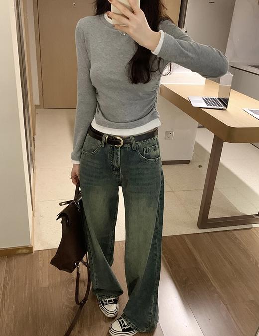  圆领假两件撞色长袖T恤 商品图5