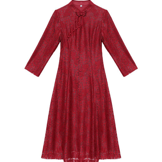 QYMOMS-CB157-L过膝长款蕾丝修身时尚复古旗袍裙2023春款立领长袖优雅气质连衣裙 商品图4