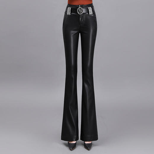 TZF-喇叭皮裤女新款高腰时尚修身黑色PU喇叭裤加厚微喇长裤女 商品图4