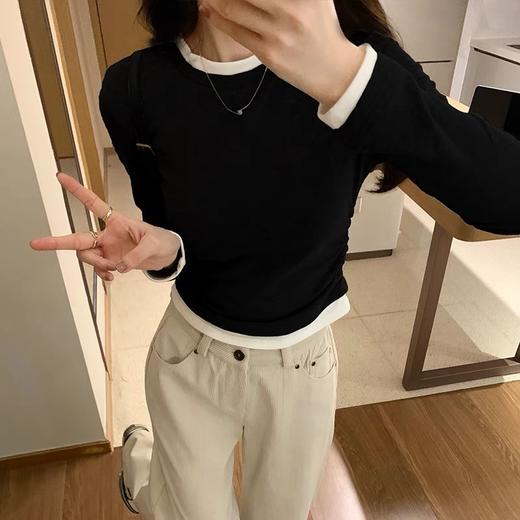  圆领假两件撞色长袖T恤 商品图3