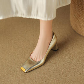 新款方头高跟鞋女浅口单鞋，方跟铁头高级感工作鞋金色牛皮女鞋LD&6682