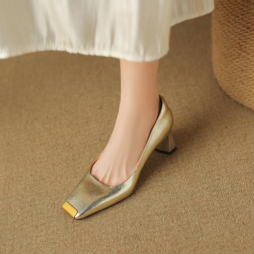 新款方头高跟鞋女浅口单鞋，方跟铁头高级感工作鞋金色牛皮女鞋LD&6682 商品图0