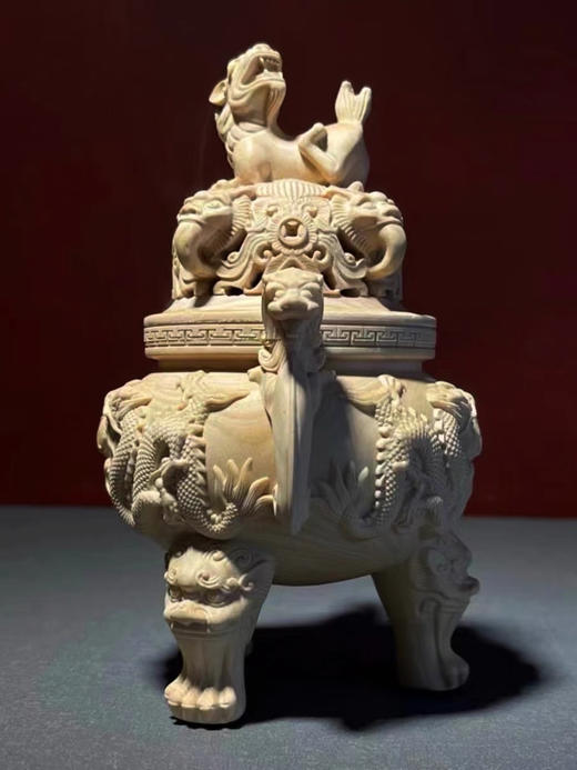 双龙戏珠°黄杨木小香炉 商品图3