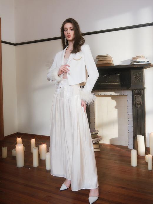 白色驼鸟毛可拆式袖口进口缎面醋酸宽松短西装 商品图1