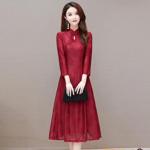 QYMOMS-CB157-L过膝长款蕾丝修身时尚复古旗袍裙2023春款立领长袖优雅气质连衣裙 商品图0