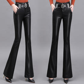 TZF-喇叭皮裤女新款高腰时尚修身黑色PU喇叭裤加厚微喇长裤女