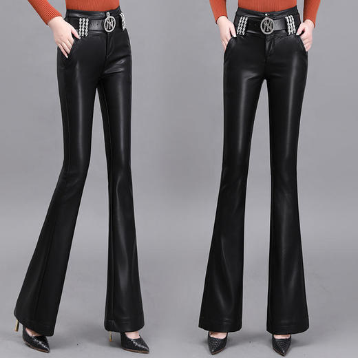 TZF-喇叭皮裤女新款高腰时尚修身黑色PU喇叭裤加厚微喇长裤女 商品图0